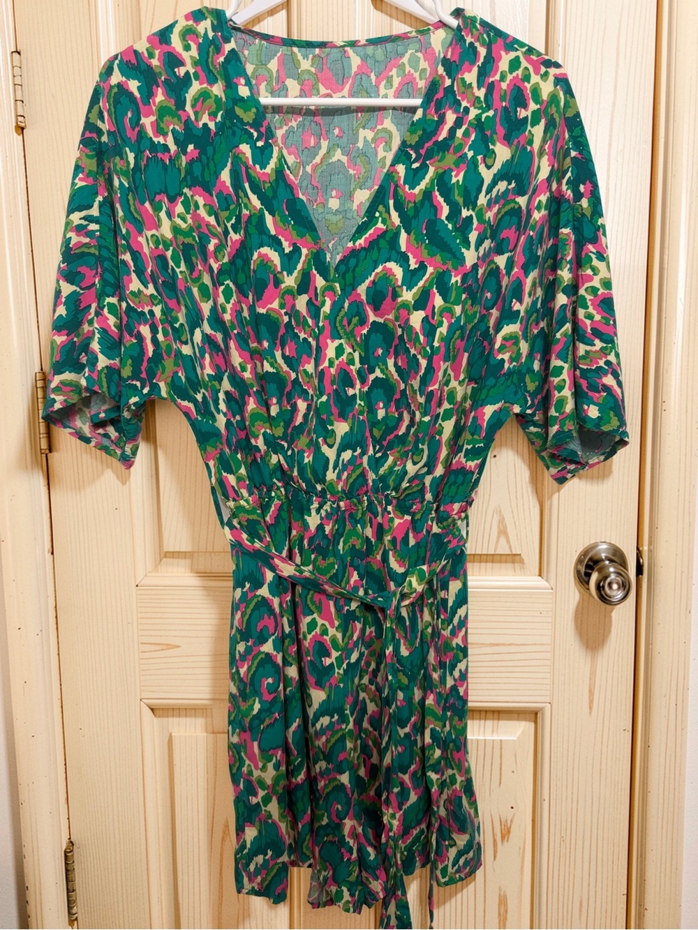 Green & Pink Printed V-Neck Jumpsuit Romper with Tie Waist